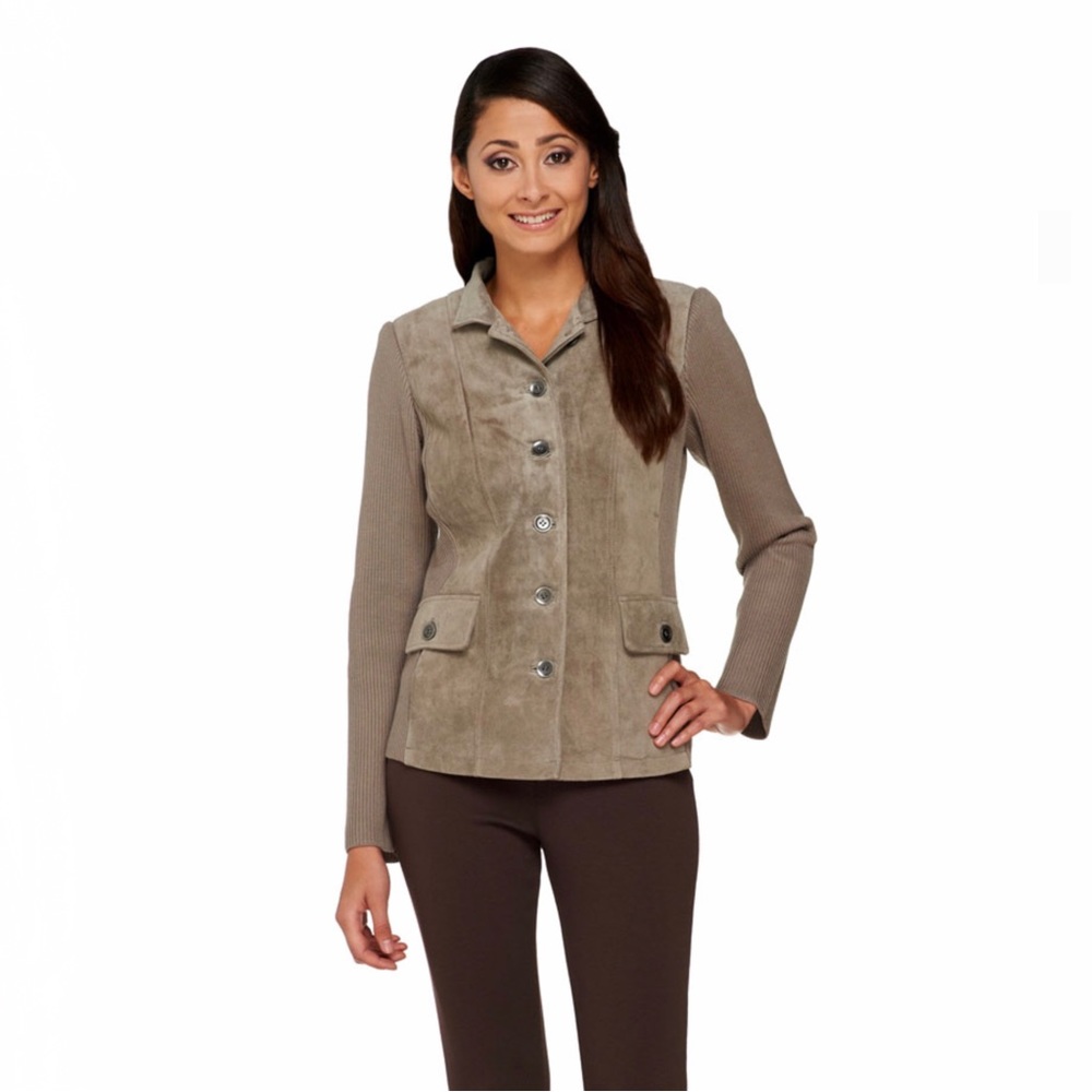 Linea by Louis Dell'Olio Suede Jacket with Knit Sleeves, NWT 26W Olive A259613 - Picture 2 of 13